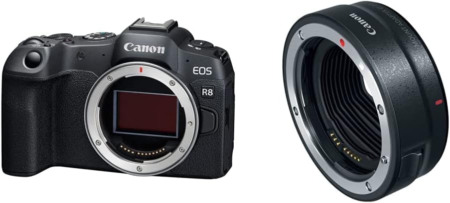Canon EOS R8 Full Frame Mirrorless (24,2 Mp,- Fino a 40fps, DIGIC X, Video 4K UHD Fino 60p, Dual Pixel CMOS Auto Focus II, Display Touch Orientabile 7,5 cm, Wi-Fi, Bluetooth)  adattatore EF-EOS R